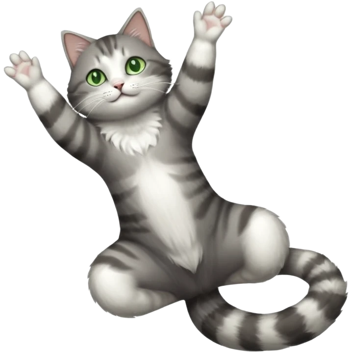 grey and white cat with green eyes doing a big extremely long stretch reaching up into the air with arms and legs side by side together straight and overextended whilst lying on its side emoji