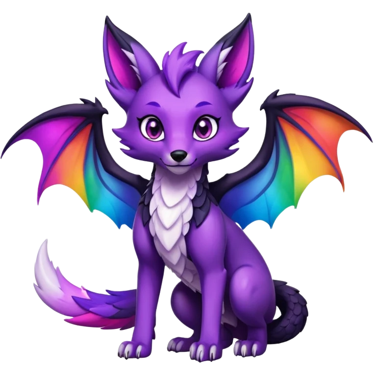 Black Cartoon Fox dragon hybrid purple eyes with wings face front full body dark rainbow colored emoji