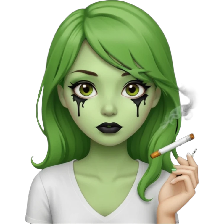 {
  "prompt": "3D cartoon-style green-skinned girl with long brown hair and a side-swept bang. Large brown eyes with black dripping makeup, white V-neck shirt, cigarette in her mouth, dark background. Same proportions and style as the original description.",
  "size": "1024x1024"
} emoji
