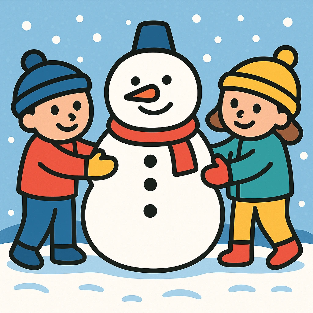 Add a snowy background behind the kids building a snowman, keep the original color outline icon style emoji
