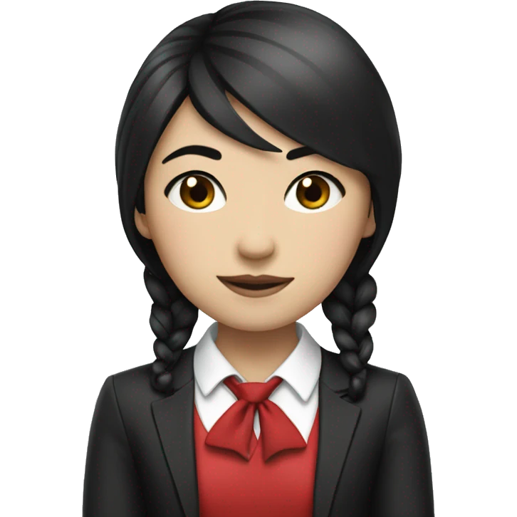 Asian girl with black hime cut hairstyle, wearing a red suit with a black cross tie.  emoji