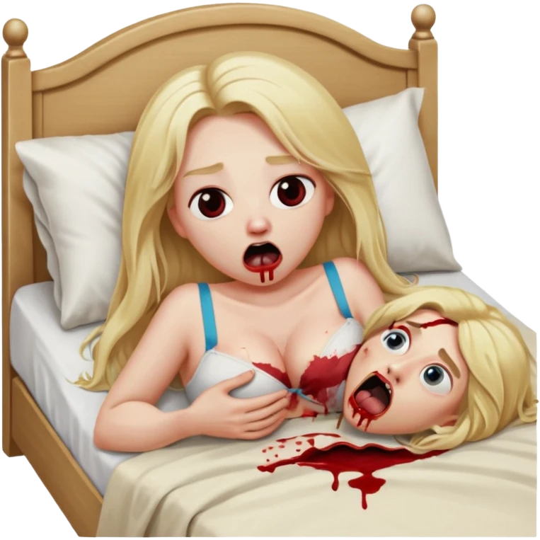 Blonde baddie with very longhair lay in a bed in underwear sie hat angst und guckt erschrocken mit verdrehten Augen offenen Mund Zunge raus und Bettlacken blutig ihre Brüste unnatürlich riesen groß.ein großer Mann war das, der sie festhält und bauch aufpumpt orgasmus  emoji