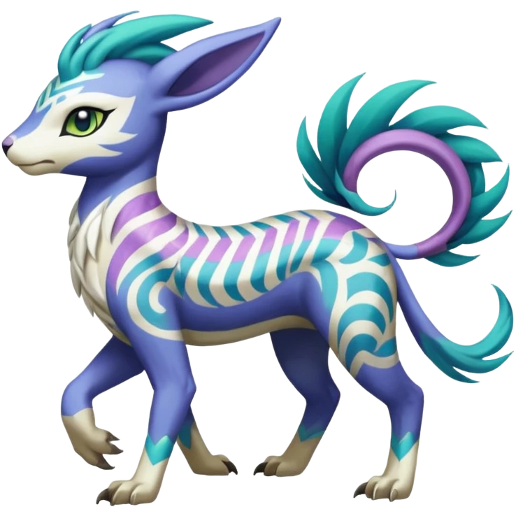Tropical Tiny Marked Patterned Tribal Colorful Skilled Adept Graceful Asian Painted Garurumon-Meloetta-Absol-Suicune-Cobalion-fusion-hybrid-creature (full body) emoji