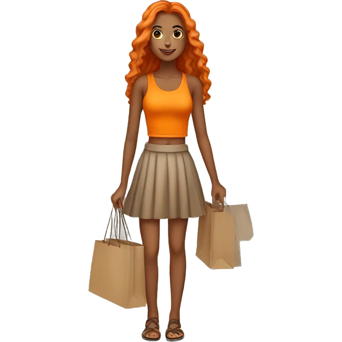 Tan girl with long orange hair wearing a skirt and crop top outfit holding shopping bags emoji