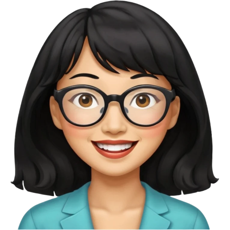 40 yr old asian woman wavy black hair bangs big glasses big smile tanned skin emoji