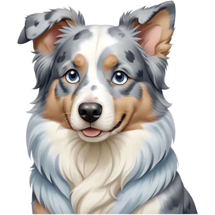 Cinematic Noble Blue Merle and White Australian Shepherd Portrait Emoji, Poised and regal, with a strong, agile build and a well-groomed blue merle coat accented by crisp white markings, piercing blue eyes, Simplified yet sharp and sophisticated features, highly detailed, glowing with a soft, dignified glow, high shine, intelligent and loyal, stylized with an air of strength, focused and attentive, soft glowing outline, capturing the essence of a watchful and confident herder, so majestic it feels as though it could step out of the screen with effortless authority! emoji