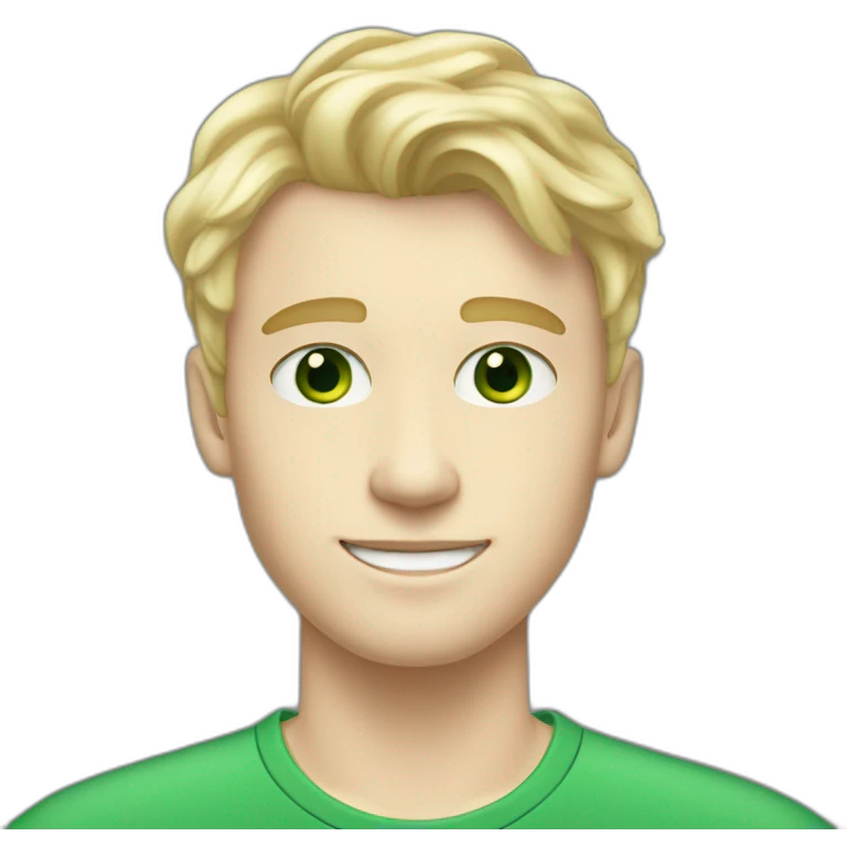 blonde twenty year old pale skin guy with side part brow-length wavy bangs but buzzed on sides and back and green eyes emoji