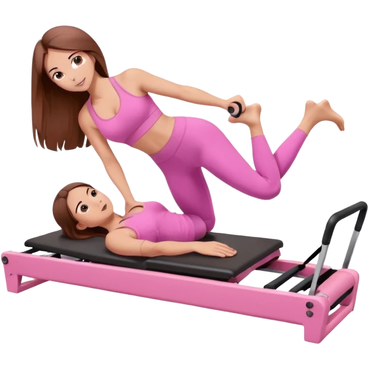 one girl doing a plank on a pilates reformer in a pink workout set with long brown hair emoji
