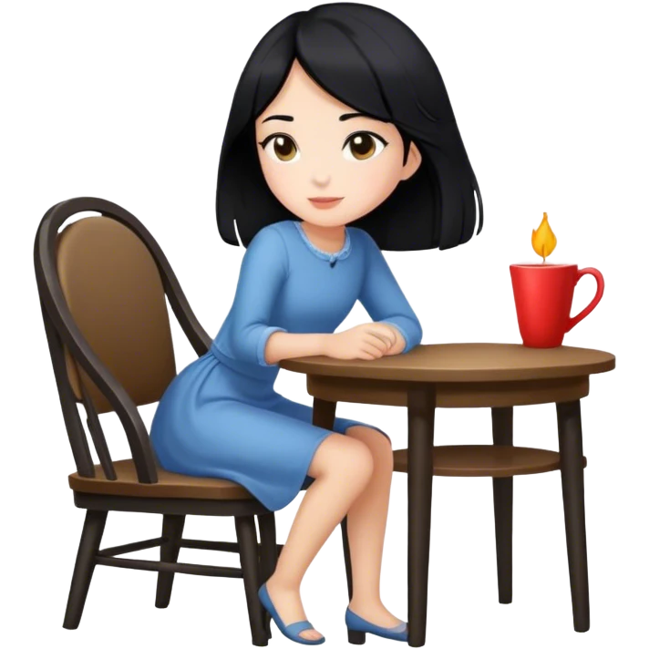 Side view of a girl sitting in a chair at a table with black hair  emoji