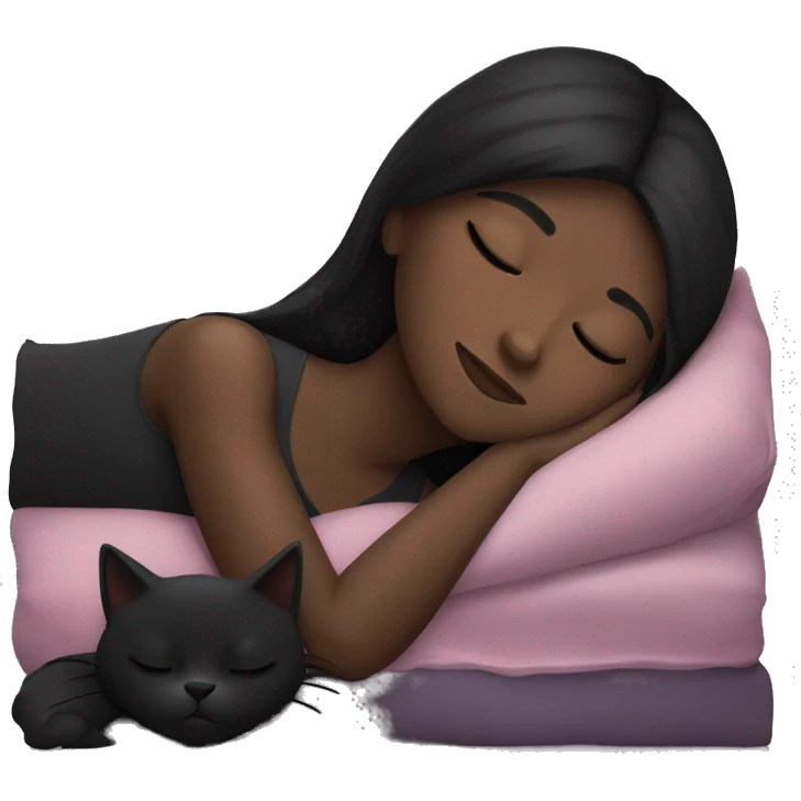 Brunette girl sleeping . The girl has a black long hair and dark skin with black cat  emoji