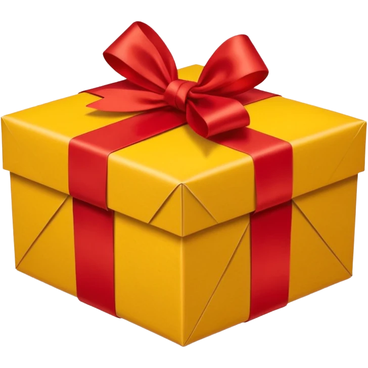 box with yellow wrapping paper and a length of red ribbon surrounding it on the ground so you can see most of the box's cardboard emoji