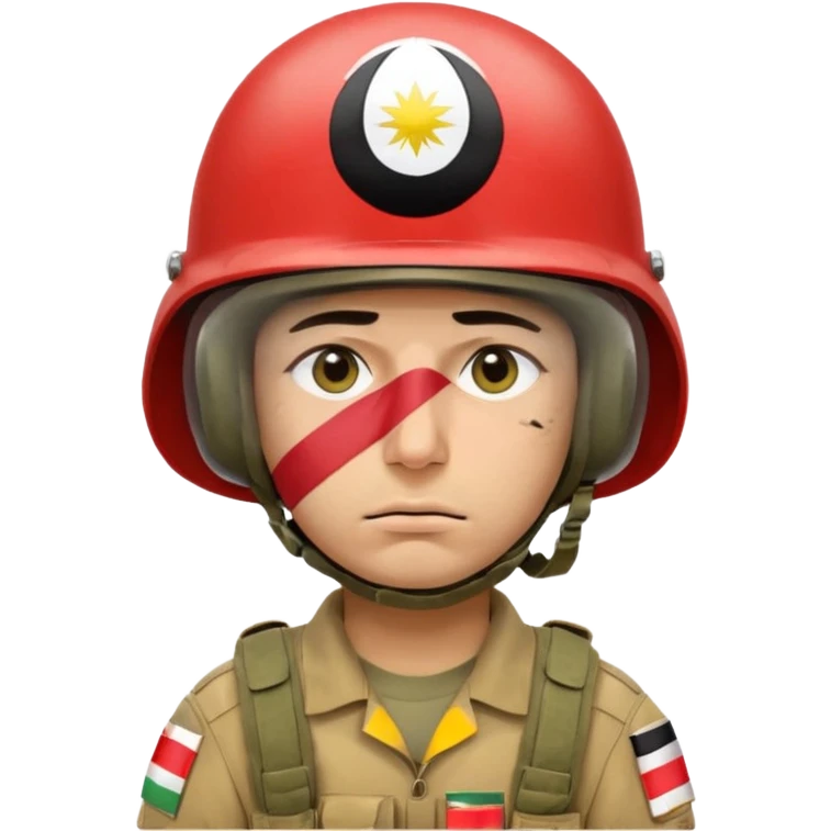 Tired Iraqi soldier wearing helmet with Iraqi flag, sad expression, half open eyes and bags under eyes, reflecting fatigue and pain emoji