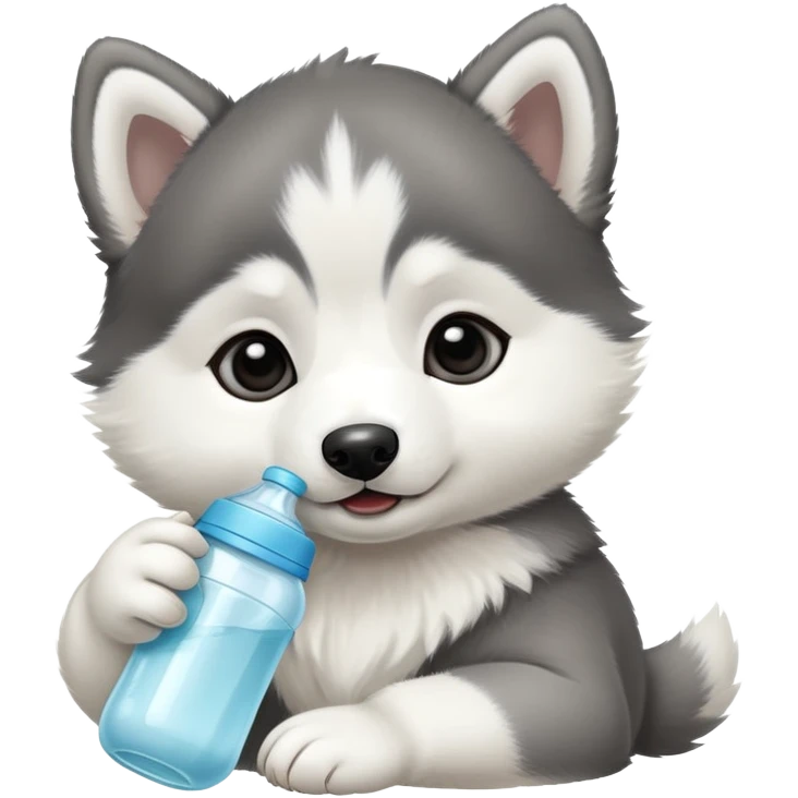 Black and white baby husky puppy drinking baby bottle emoji