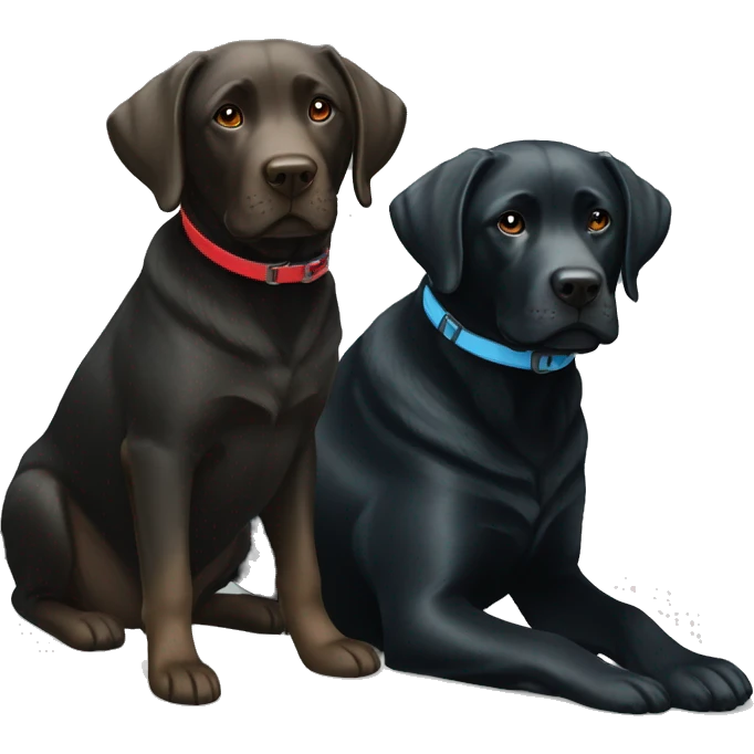black-coloured labrador on the left with red collar, black-coloured labrador on the right with light blue collar. emoji
