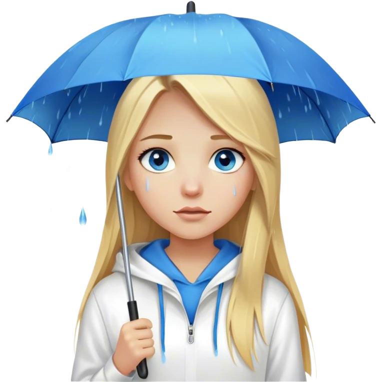 Cinematic realistic emojis in the form of a blonde girl with long hair, blue eyes and a straight nose, wearing a white hoodie, holding an umbrella above her, on which rain is dripping emoji