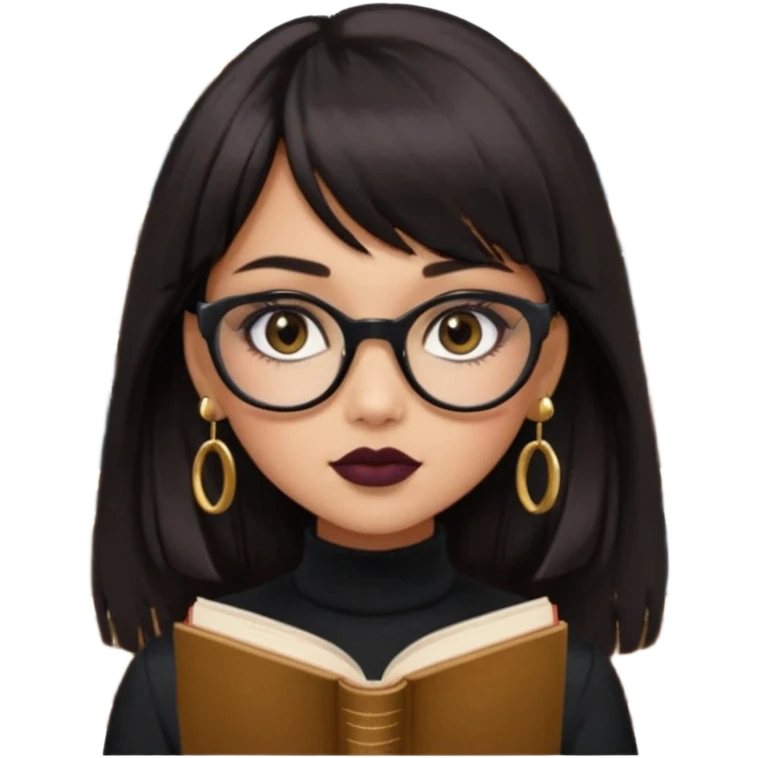 generate a pretty bratz girl with black small square spectacles, dark lipstick, gold stud earrings, black turtleneck , books in hand, dark brown straight long hair with bangs, eyeliner on,  emoji