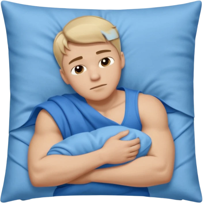 A young muscular male with short dark-blonde hair, medium-light skin, and a neutral expression, dressed in blue cloth. He lies on his side, arms around a soft white pillow, with his head on a smooth blue pillow. A flowing blue blanket covers him in silky folds. emoji