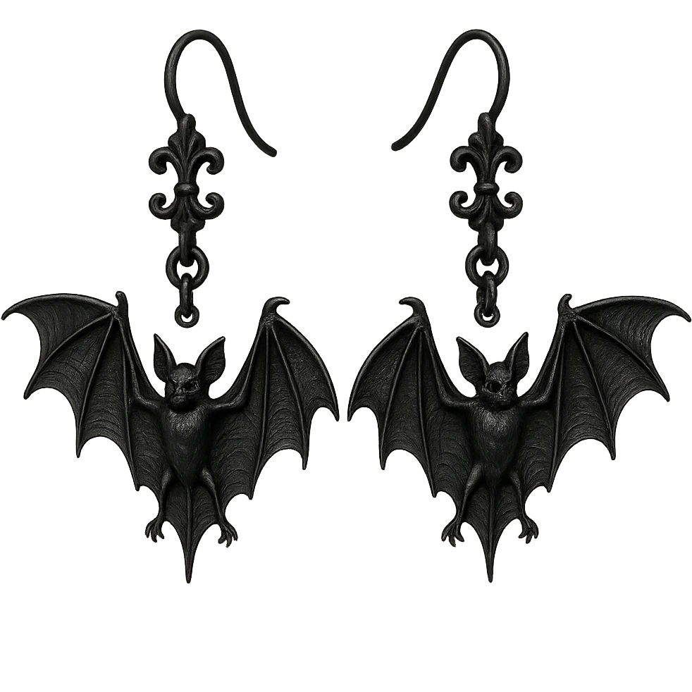 goth earrings, bat motif, black metal, gothic style, dramatic emoji