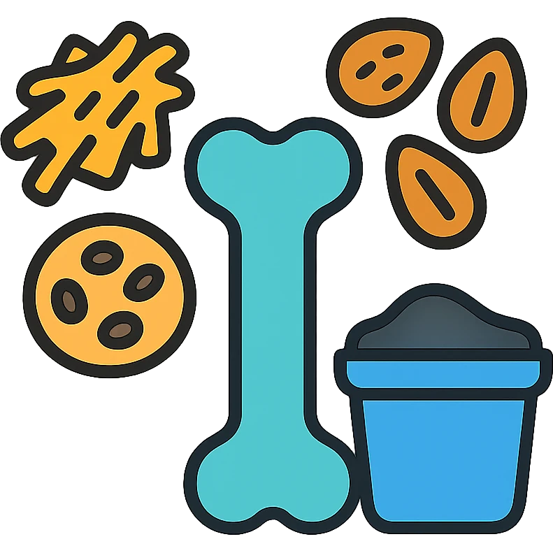 Sources of calcium: shredded cheese, natural yogurt, sesame seeds and almonds surrounding a single strong bone emoji