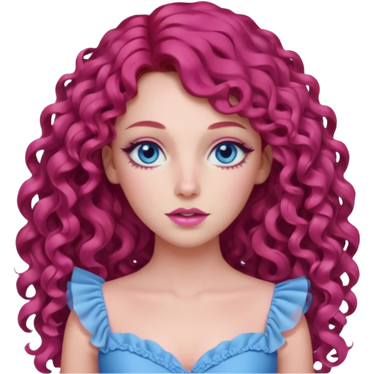 Chappell Roan long red curly hair, blue eyes, pink eyeshadow and lip, pink dress emoji