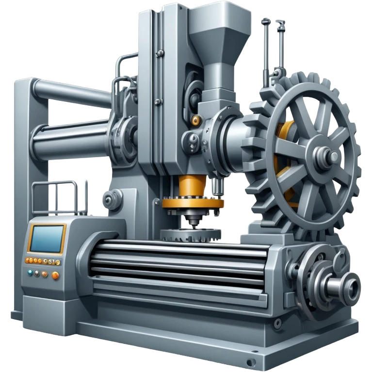 An icon featuring a giant machine tool in a factory, manufacturing machines. The design includes gears, mechanical parts, and a production line, representing the art of mechanical engineering and industrial design. Transparent background highlights precision engineering and manufacturing processes. emoji