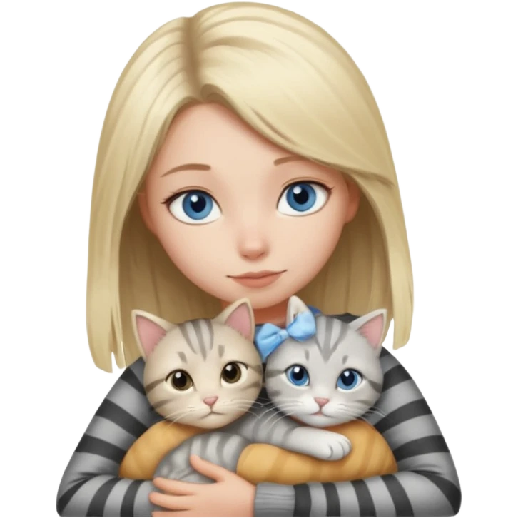 Blonde girl with blue eyes cuddling with light grey tabby cat with dark grey stripes emoji