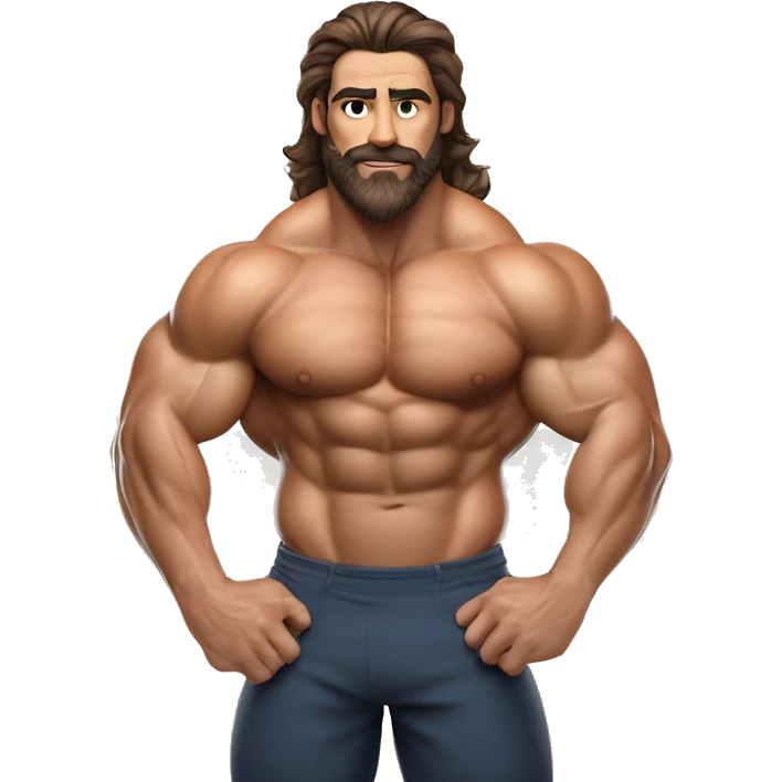 muscled hairy bodybuilder brown hair beard,enormous pecs and enormous biceps, long wavy hair in a man bun, with dark brown eyes, and tanned skin, full body from head to toes picture, flexin both biceps, hairy body, wearing, bodybuilding posing swimsuit emoji