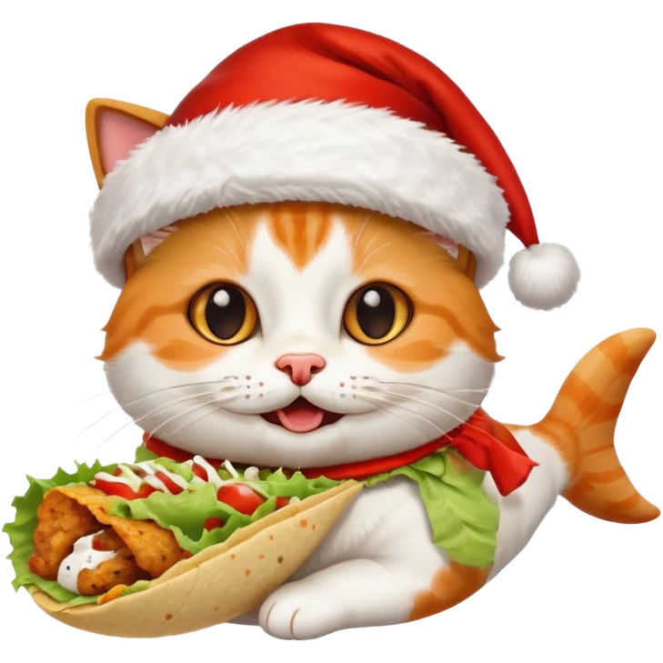 Happy Cat eating  a fish taco wearing a Santa hat emoji