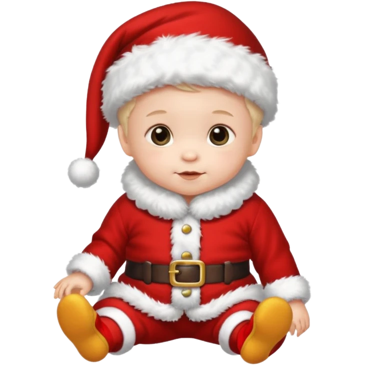 a baby wearing santa clothes and cute fluffy shoes emoji