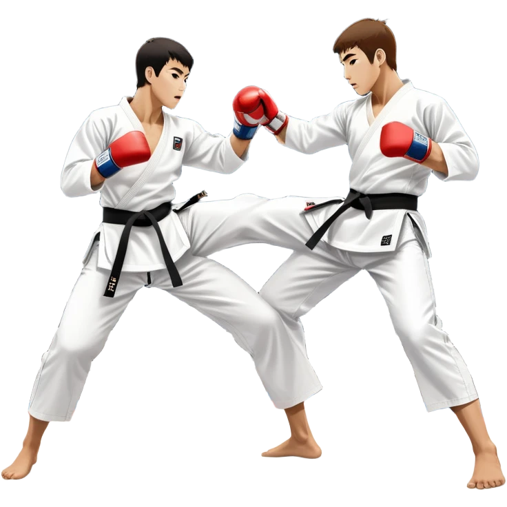 Two taekwondo fighters in traditional white doboks with black belts. One delivers a powerful kick, while the other defends by blocking with his knee. The background shows a professional arena with bright lights and an excited crowd. Transparent background highlights the intense action emoji