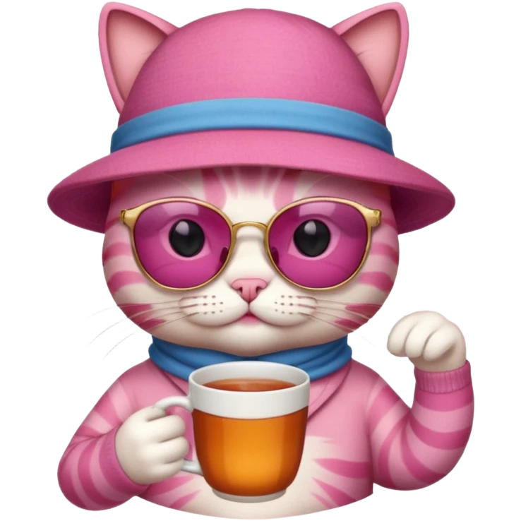 Pink cat with hat, holding cup of tea, wearing sunglasses emoji