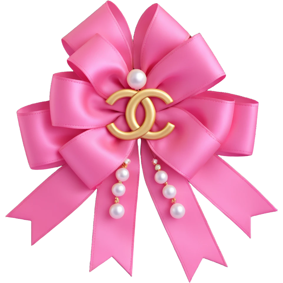 Change the double-layered satin ribbon bow to pink, keep pearls and gold Chanel logo, elegant, glossy, black and white, 3D emoji style, with no background emoji