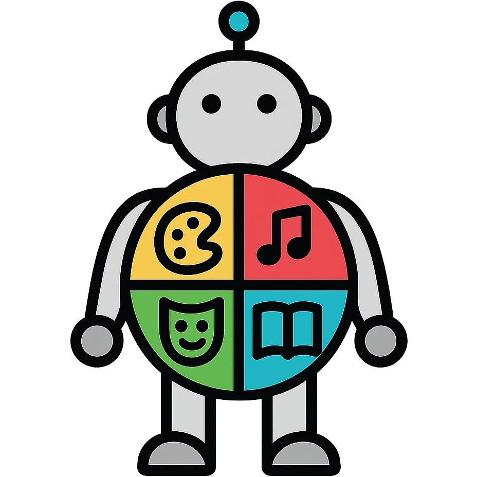 A metal humanoid figure with a circular torso divided into four colored segments, containing icons for painting, music, theater, and literature emoji