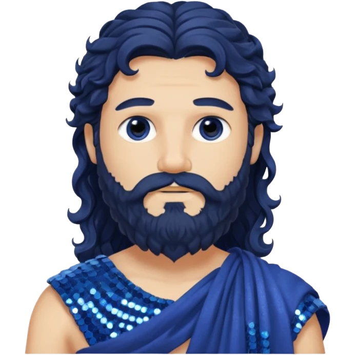 Auster, God of Summer Roman Deities with long black wavy hair and beard, indigo sequin toga emoji
