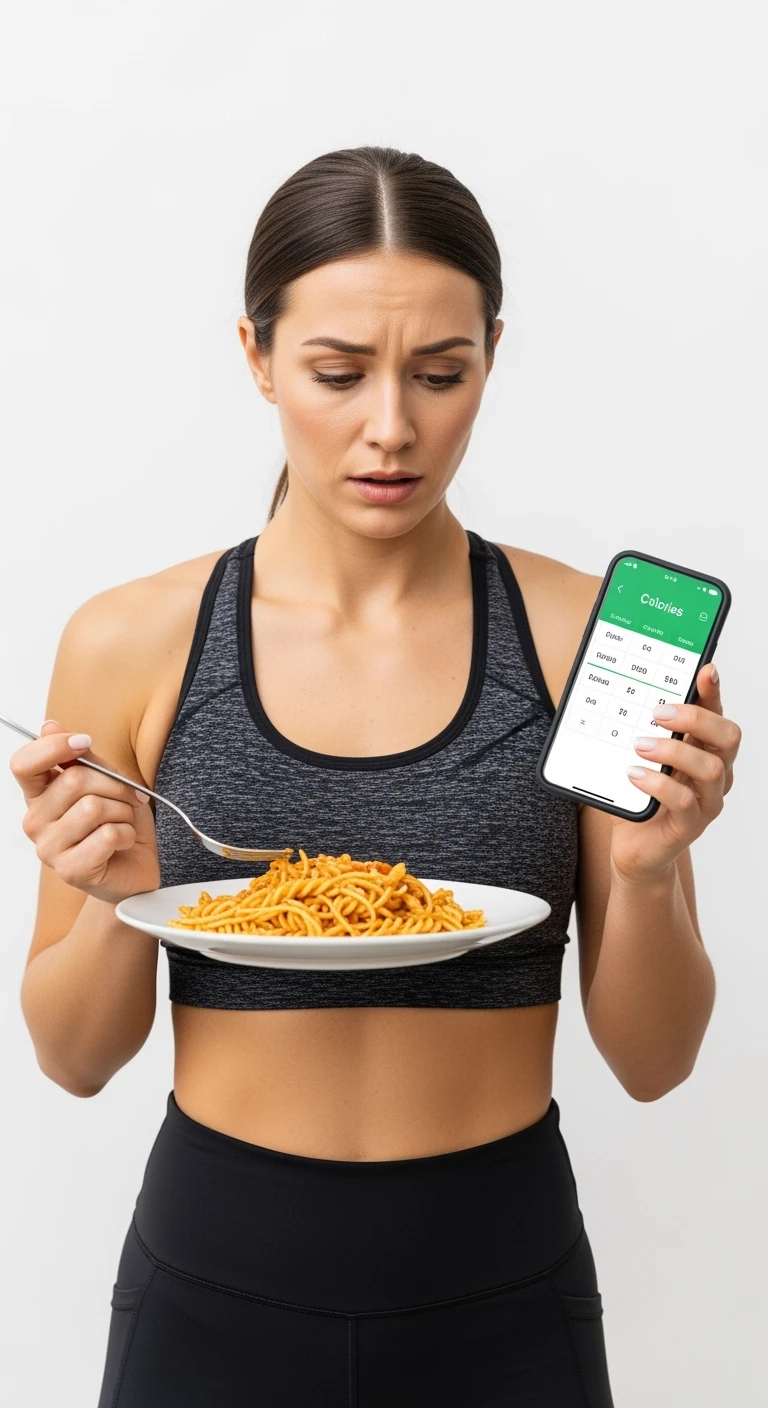 donna fitness che calcola ossessivamente le calorie di quello che sta mangiando: in mano ha un piatto di pasta e nell'altra mano ha lo smartphone per segnare tutti gli alimenti, sfondo bianco emoji