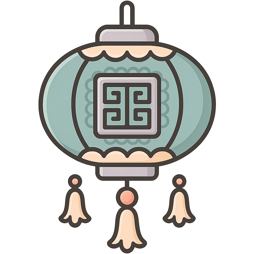 Chinese lantern like the reference with traditional Chinese pattern and decorative pendants, in icon-color-outlined style. Not minimalist, no floral decor, detailed shadows and highlights, thin clean contours, soft rounded shapes, pastel palette #98B5BC, #B5B3C1, #C9A3C9, #E4C0CA, #F7DCD1, #F7C0AA. Modern Japanese pop art and sticker aesthetics, high detail, vector sharpness, soft lighting, transparent background. emoji