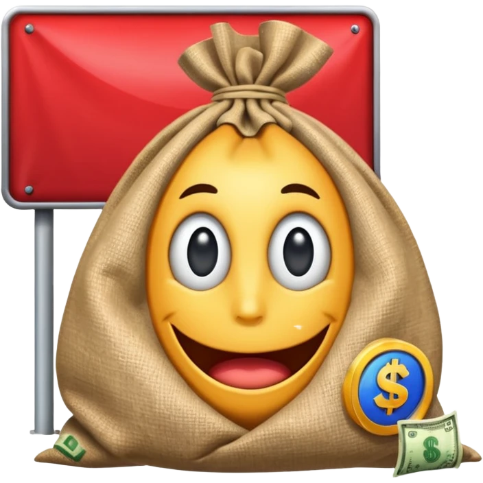 a sack of money in front of a billboard advertisement emoji