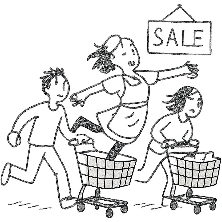 supermarket scene, shoppers in motion with the salesgirl being carried away emoji
