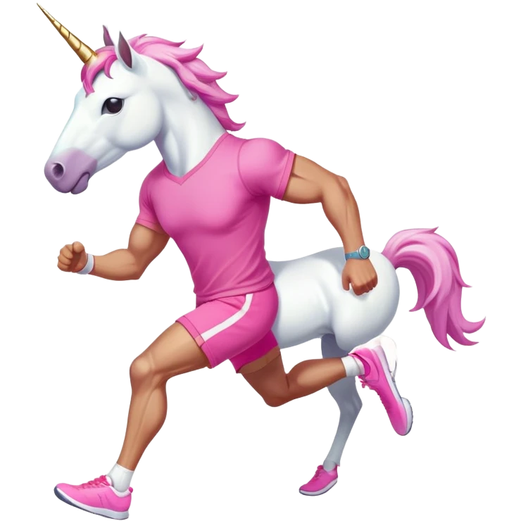 full body friendly anthropomorphised masculine unicorn with white horse-like face, muscular build, wearing pink t-shirt, shorts, trainers, dark sunglasses, running in a relaxed pose emoji