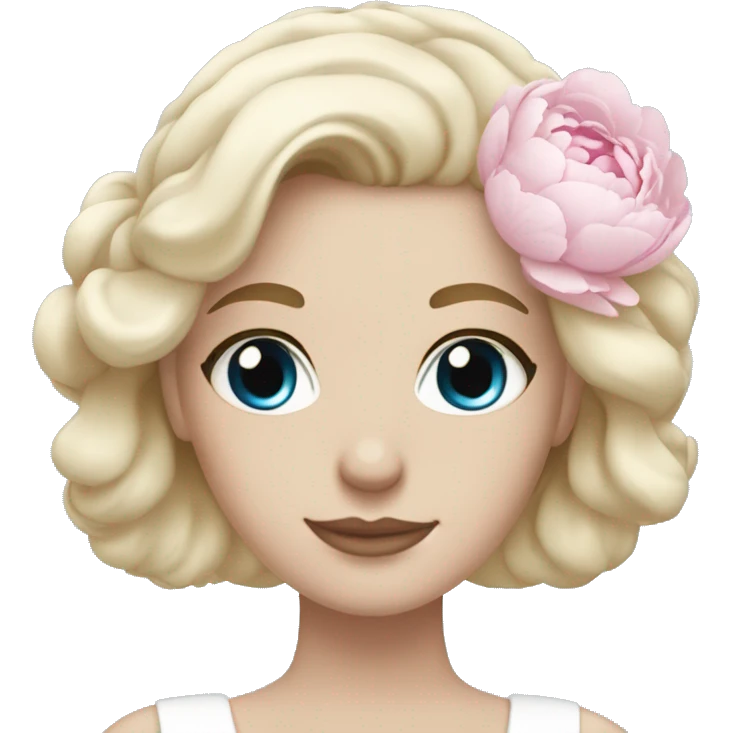 White bride with long light blonde hair and blue eyes with light pink peonies in hair white skin  emoji