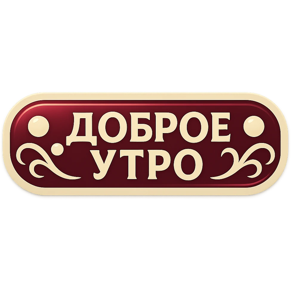 elongated horizontal banner with text 'Доброе утро', retro sticker style, burgundy background, beige letters, minimalist ornament with circles and smooth lines inspired by feng shui, soft shadows, transparent background emoji