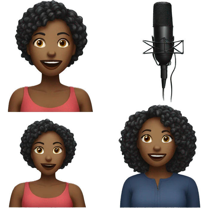 black african woman speaking at a podcast with a microphone near to the mouth emoji