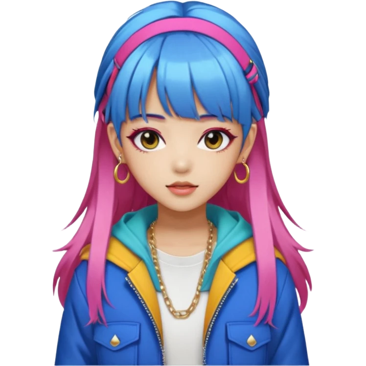 Portrait of a young female K-pop idol, wearing a stylish streetwear outfit with layered clothing and bold accessories, colorful dyed hair with bangs, confident expression, soft lighting, front-facing, energetic and glamorous vibe emoji
