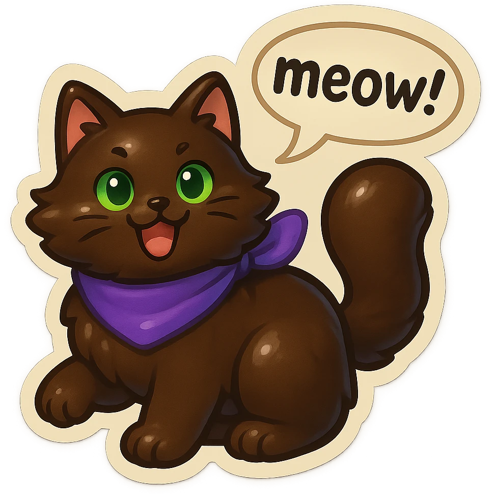 Fluffy cute playfull silly smiling happy dark-brown cat with green eyes and a purple scarf saying ‘mEoW~!’ (With a speech bubble) emoji