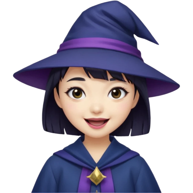 An Asian short-haired girl with short raven hair and bangs, with heterochromia eyed, eyeliner, and laughs with a tiny fang of mauve-toned lipstick, wears a dark navy wizard hat with an emblem on it. emoji