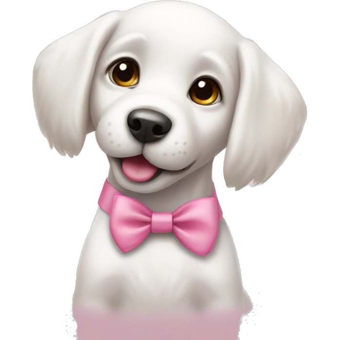 Cute white puppy with a pink bow for a collar emoji