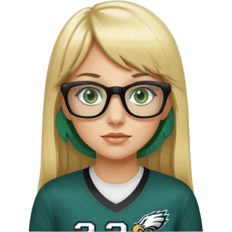 long blonde hair with bangs black rectangle glasses female green eyes football player wearing eagles jersey number 33 emoji
