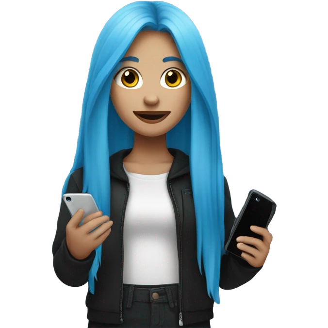white skin girl with long blue hair in black clothes holding a phone emoji