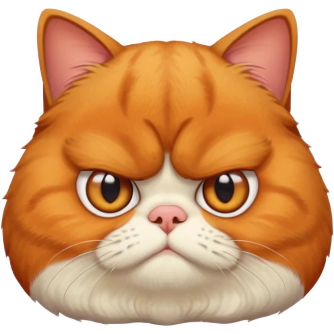 貓咪特徵強調
 
品種/臉型： 以**加菲貓（Garfield cat）或異國短毛貓（Exotic Shorthair）**為原型。
面部特徵： 強調扁臉（Flat face）、極度厭世的表情（Extremely grumpy/grumpy/displeased expression）、深深的皺眉（Deeply furrowed brow）、以及大眼睛（Large eyes）。
毛髮： 擁有雙層、蓬鬆的長毛（Double-coated, fluffy long fur）。 emoji