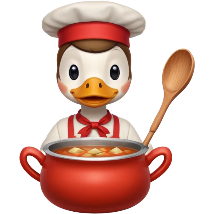 A duck wearing red apron stirring soup in a small pot, looking very focused. emoji